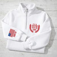 Custom USA Flag Embroidered Quarter Zip Sweatshirt, Personalized Logo Pullover, Patriotic Team Gift, Independence Day Custom Name Sweater