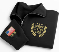 Custom USA Flag Embroidered Quarter Zip Sweatshirt, Personalized Logo Pullover, Patriotic Team Gift, Independence Day Custom Name Sweater