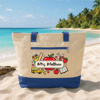 Teacher Tote Bag with Zipper, Personalized Teacher Name Bag, Custom Classroom Gift, Back to School Teacher Gift, School Work Tote Bag