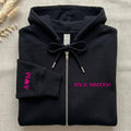 Roman Numeral Date Embroidered Zip Up Hoodie, Custom Zipper Hoodie with Sleeve Initial, Personalized Anniversary Gift for Couples