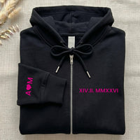 Roman Numeral Date Embroidered Zip Up Hoodie, Custom Zipper Hoodie with Sleeve Initial, Personalized Anniversary Gift for Couples