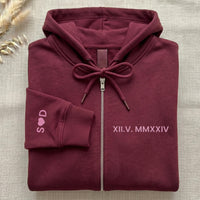 Roman Numeral Date Embroidered Zip Up Hoodie, Custom Zipper Hoodie with Sleeve Initial, Personalized Anniversary Gift for Couples