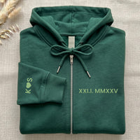Roman Numeral Date Embroidered Zip Up Hoodie, Custom Zipper Hoodie with Sleeve Initial, Personalized Anniversary Gift for Couples