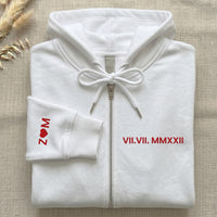 Roman Numeral Date Embroidered Zip Up Hoodie, Custom Zipper Hoodie with Sleeve Initial, Personalized Anniversary Gift for Couples