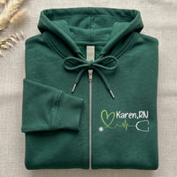 Personalized Nurse Embroidered Zipper Hoodie, Custom RN Name Heartbeat Zip Up Hoodie, Nursing Gift for BSN, LPN, Cna, Aprn Students Women