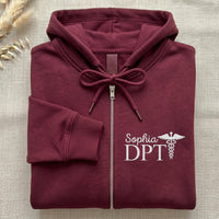 Physical Therapist Embroidered Zipper Hoodie, Custom Name DPT PT PA Zip Up Hoodie, Medical Graduation Gift for Men Women Healthcare