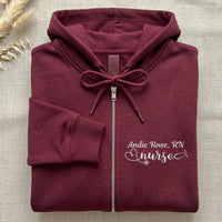 Personalized Nurse Embroidered Zipper Hoodie, Custom Name Stethoscope Heart Zip Up Hoodie, Monogram Medical Gift for Women RN Staff