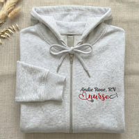 Personalized Nurse Embroidered Zipper Hoodie, Custom Name Stethoscope Heart Zip Up Hoodie, Monogram Medical Gift for Women RN Staff