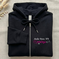 Personalized Nurse Embroidered Zipper Hoodie, Custom Name Stethoscope Heart Zip Up Hoodie, Monogram Medical Gift for Women RN Staff