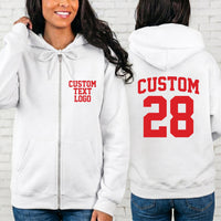 Custom Text Logo Zipper Hoodie, Personalized Team Name Number Hoodie, Custom Front Back Design Hoodie for Men Women Gift