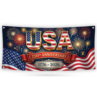 USA 250 Years Banner, Patriotic 1776 2026 Banner, American Flag Fireworks Banner, Fourth of July Party Decor, USA Anniversary Sign