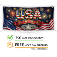 USA 250 Years Banner, Patriotic 1776 2026 Banner, American Flag Fireworks Banner, Fourth of July Party Decor, USA Anniversary Sign