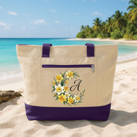 Birth Flower Initial Tote Bag with Zipper, Personalized Letter Floral Bag, Custom Monogram Gift for Her, Birthday Gift, Travel Work Tote