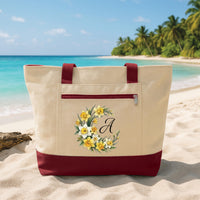 Birth Flower Initial Tote Bag with Zipper, Personalized Letter Floral Bag, Custom Monogram Gift for Her, Birthday Gift, Travel Work Tote