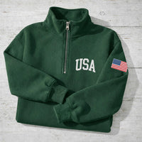 USA Embroidered Quarter Zip Sweatshirt, Patriotic American Flag Pullover, 4th of July Gift, USA Pride Apparel, Independence Day Outfit