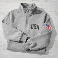 USA Embroidered Quarter Zip Sweatshirt, Patriotic American Flag Pullover, 4th of July Gift, USA Pride Apparel, Independence Day Outfit