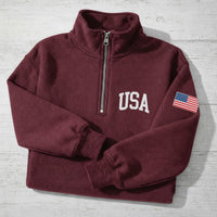 USA Embroidered Quarter Zip Sweatshirt, Patriotic American Flag Pullover, 4th of July Gift, USA Pride Apparel, Independence Day Outfit