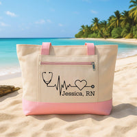 Nurse Tote Bag with Zipper, Personalized RN Name Bag, Custom Nurse Gift, Healthcare Worker Tote, Medical Work Bag, Nurse Appreciation Gift