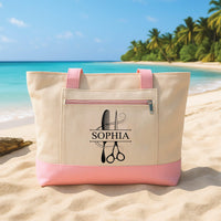 Hair Stylist Tote Bag with Zipper, Personalized Salon Name Bag, Custom Hairdresser Gift, Cosmetologist Work Tote, Beauty Travel Bag Gift