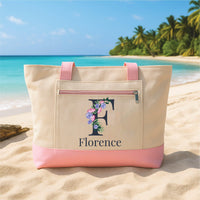 Personalized Initial Name Tote Bag with Zipper, Floral Letter Tote Bag, Mothers Day Gift for Her, Custom Name Canvas Bag, Beach Bag