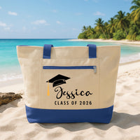 Graduation Cap Tote Bag with Zipper, Personalized Name Class of 2026 Gift, Student Graduation Gift, College High School Grad Tote Bag