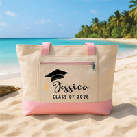 Graduation Cap Tote Bag with Zipper, Personalized Name Class of 2026 Gift, Student Graduation Gift, College High School Grad Tote Bag
