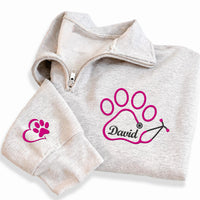 Custom Pet Paw Embroidered Quarter Zip Sweatshirt, Personalized Name Pullover, Dog Lover Gift, Veterinary Apparel Cozy Outfit