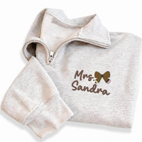 Personalized Teacher Embroidered Quarter Zip Sweatshirt, Pencil Bow School Colors Pullover, Cute Teacher Gift, Custom Name Teacher Apparel