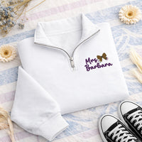 Personalized Teacher Embroidered Quarter Zip Sweatshirt, Pencil Bow School Colors Pullover, Cute Teacher Gift, Custom Name Teacher Apparel