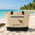 Bee Tote Bag with Zipper, Personalized Name Bag, Cute Honey Bee Floral Tote, Gift for Women, Everyday Work Travel Bag, Custom Bee Gift