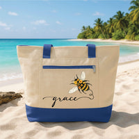 Bee Tote Bag with Zipper, Personalized Name Bag, Cute Honey Bee Floral Tote, Gift for Women, Everyday Work Travel Bag, Custom Bee Gift