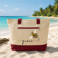Bee Tote Bag with Zipper, Personalized Name Bag, Cute Honey Bee Floral Tote, Gift for Women, Everyday Work Travel Bag, Custom Bee Gift