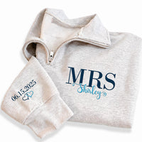 Mrs Embroidered Quarter Zip Sweatshirt, Personalized Bride Name Pullover, Custom Wedding Date Sleeve Hoodie Gift, Bridal Shower