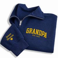 Grandpa Embroidered Quarter Zip Sweatshirt, Personalized Grandpa EST Pullover, Custom Name Sleeve Gift for Grandpa Fathers Day