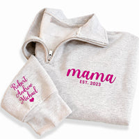 Mama Embroidered Quarter Zip Sweatshirt, Personalized Mama EST Pullover, Custom Kids Names Sleeve Gift for Mom Mothers Day