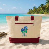 Blue Hydrangea Embroidered Zipper Tote Bag, Floral Bridesmaid Gift Bag, Bachelorette Party Tote, Summer Beach Tote Bag, Gift for Women
