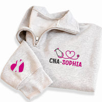 CNA Nurse Embroidered Quarter Zip Sweatshirt, Personalized Name Pullover, Certified Nursing Assistant Gift, Healthcare Worker Apparel