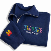 Teacher Embroidered Quarter Zip Sweatshirt, Personalized Name Pullover, School Gift Idea, Teacher Appreciation Gift, Custom Teacher Apparel
