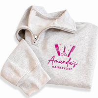 Hairstylist Embroidered Quarter Zip Sweatshirt, Personalized Name Pullover, Salon Stylist Gift, Hairdresser Apparel, Custom Beauty Outfit