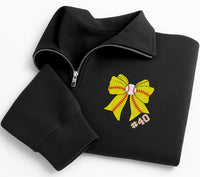 Softball Bow Embroidered Quarter Zip Sweatshirt, Custom Number Pullover, Sports Fan Gift, Team Spirit Apparel, Player Mom Outfit