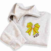 Softball Bow Embroidered Quarter Zip Sweatshirt, Custom Number Pullover, Sports Fan Gift, Team Spirit Apparel, Player Mom Outfit