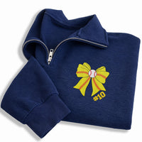 Softball Bow Embroidered Quarter Zip Sweatshirt, Custom Number Pullover, Sports Fan Gift, Team Spirit Apparel, Player Mom Outfit