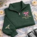Nurse Bow Embroidered Quarter Zip Sweatshirt, Personalized RN BSN Pullover, Medical Worker Gift, Custom Name Nurse Outfit Apparel