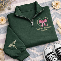 Nurse Bow Embroidered Quarter Zip Sweatshirt, Personalized RN BSN Pullover, Medical Worker Gift, Custom Name Nurse Outfit Apparel