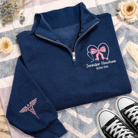 Nurse Bow Embroidered Quarter Zip Sweatshirt, Personalized RN BSN Pullover, Medical Worker Gift, Custom Name Nurse Outfit Apparel