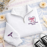 Nurse Bow Embroidered Quarter Zip Sweatshirt, Personalized RN BSN Pullover, Medical Worker Gift, Custom Name Nurse Outfit Apparel