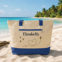 Bee Tote Bag with Zipper, Personalized Name Tote, Cute Bumble Bee Heart Design Bag, Gift for Women, Everyday Beach Travel Tote, Custom Gift