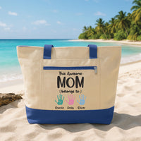 Mom Tote Bag with Zipper, Personalized Kids Names Tote, Custom Handprint Mom Gift, Mother's Day Gift, Family Beach Travel Bag