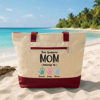Mom Tote Bag with Zipper, Personalized Kids Names Tote, Custom Handprint Mom Gift, Mother's Day Gift, Family Beach Travel Bag