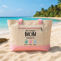 Mom Tote Bag with Zipper, Personalized Kids Names Tote, Custom Handprint Mom Gift, Mother's Day Gift, Family Beach Travel Bag